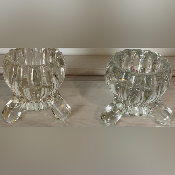 Vintage Jeannette Glass Pair of 2 Clear Glass Candle Holders 3 Feet - Picture 2 of 3